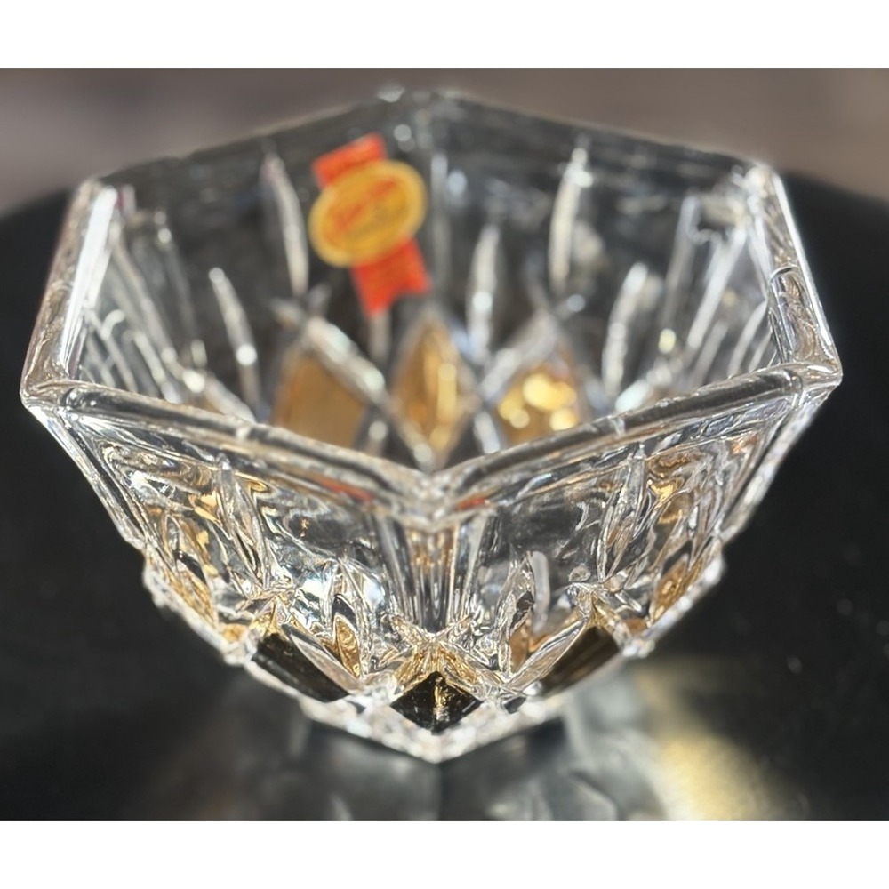 Vtg Lead Crystal Candy Dish Clear w Gold Diamond Pattern Anna Hutte Bleikristall